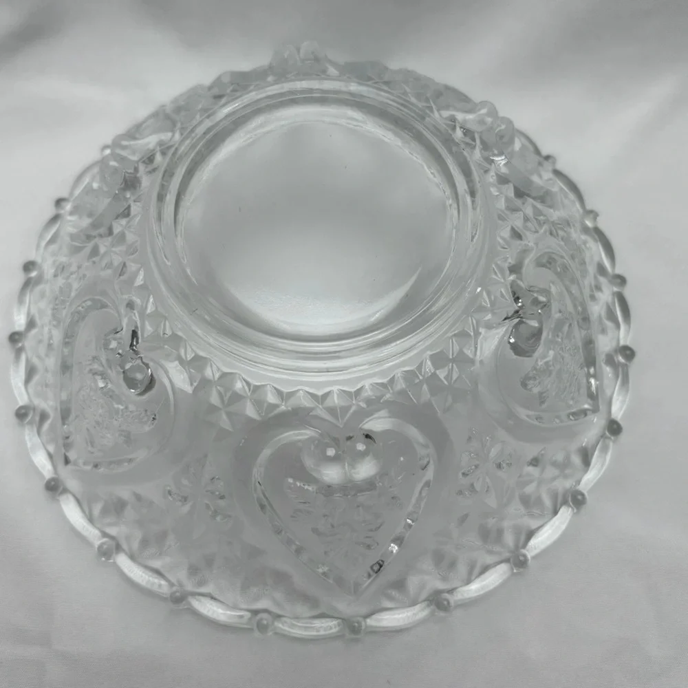 Vintage Pressed Malaysia Glass Candy Dish with Lid Heart Rose Design